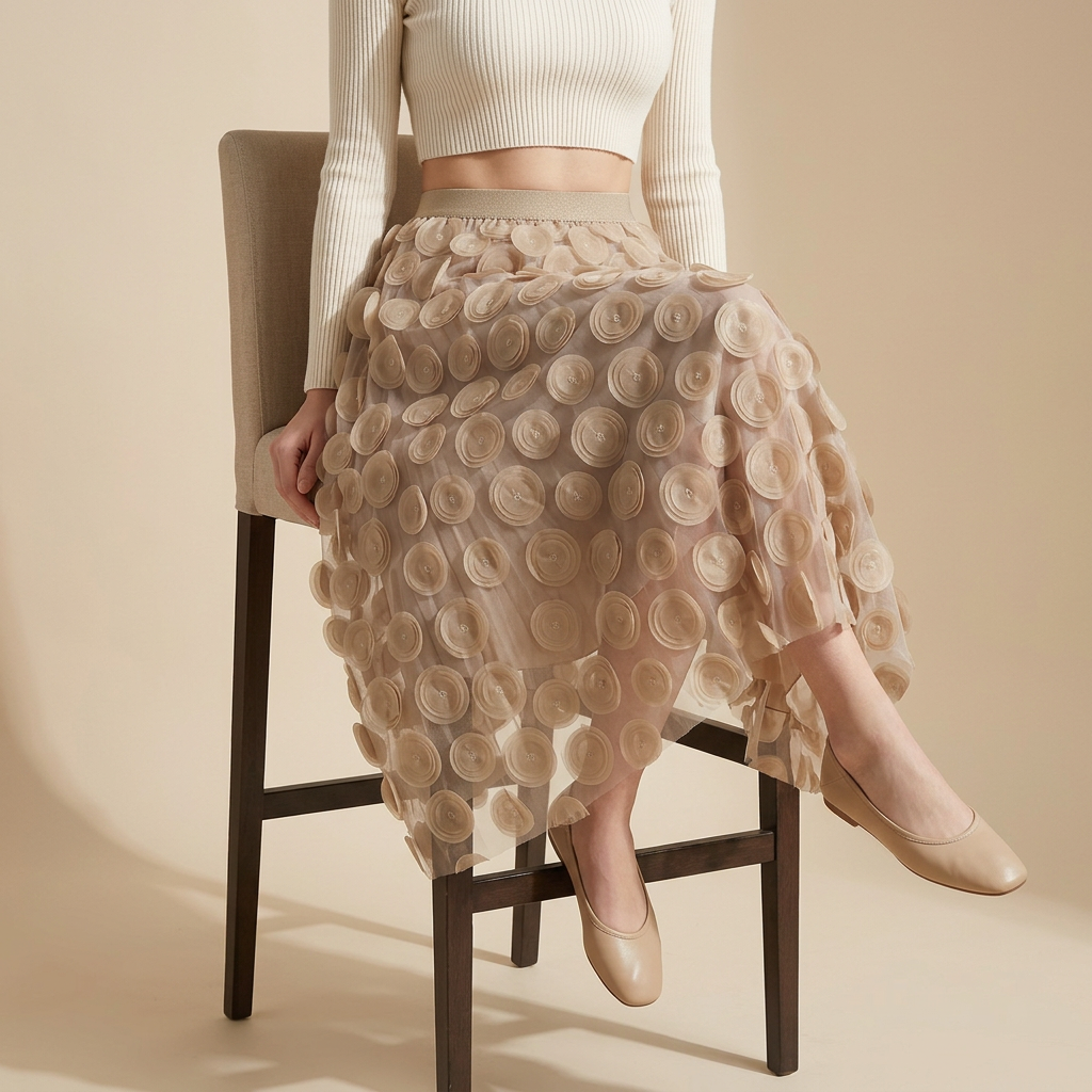 Polka Dot Hepburn Style Umbrella Mesh Skirt - 0931_KHAKI