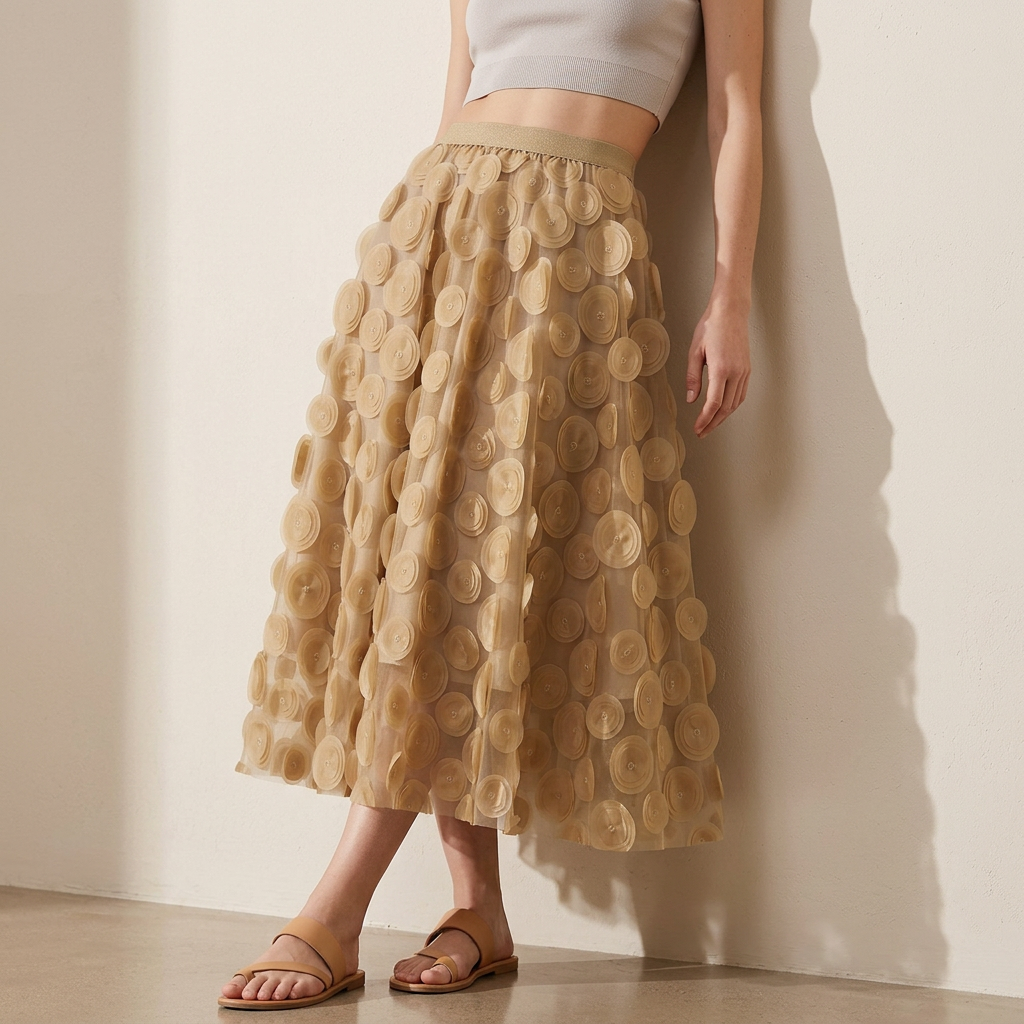 Polka Dot Hepburn Style Umbrella Mesh Skirt - 0931_KHAKI