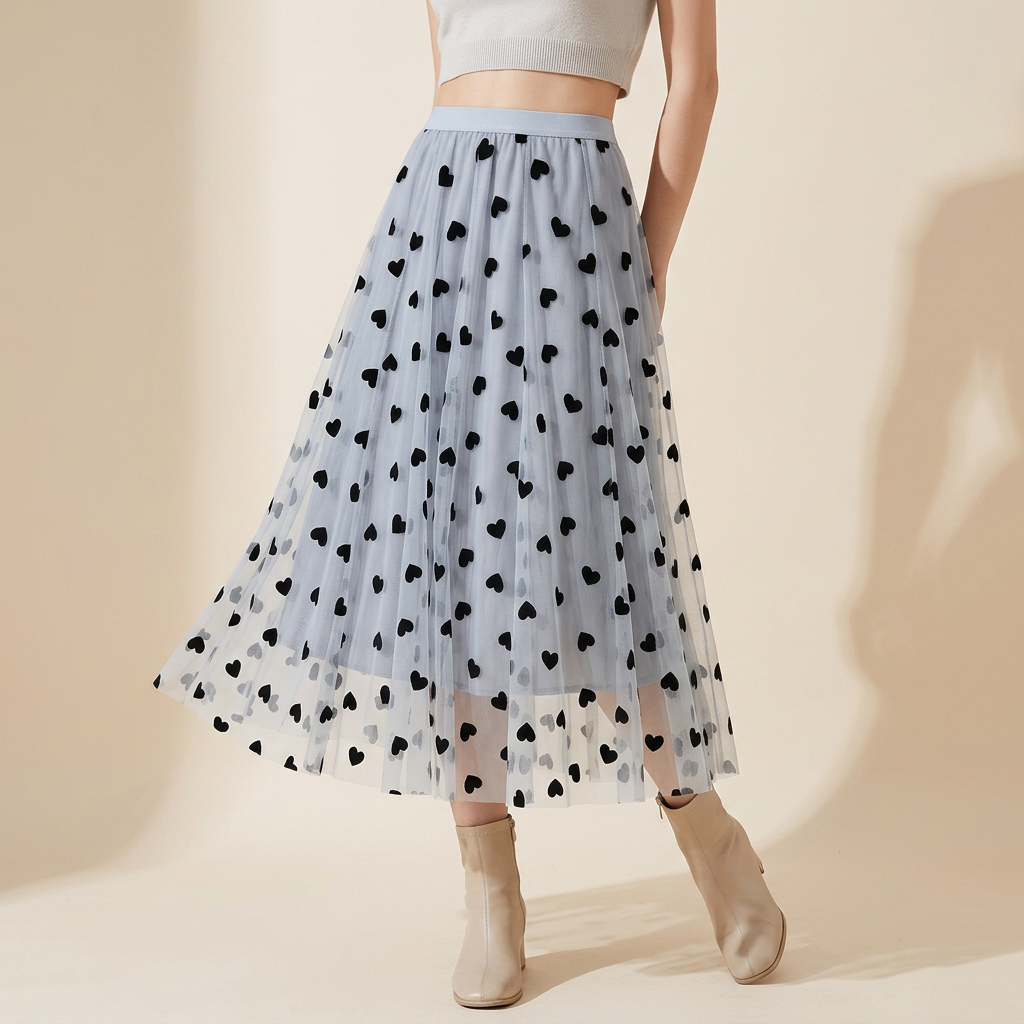 Multilayer Mesh Heart Skirt With Satin Lining - 1200_BLUE