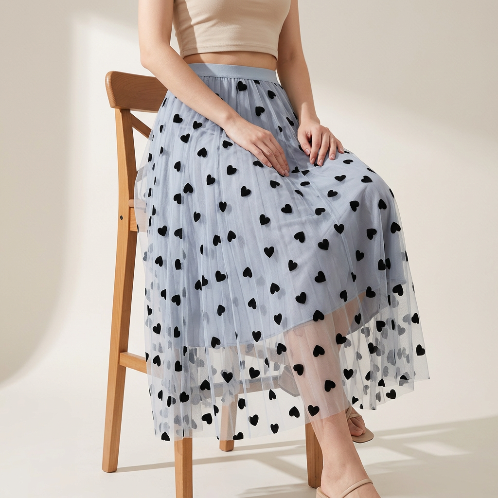 Multilayer Mesh Heart Skirt With Satin Lining - 1200_BLUE