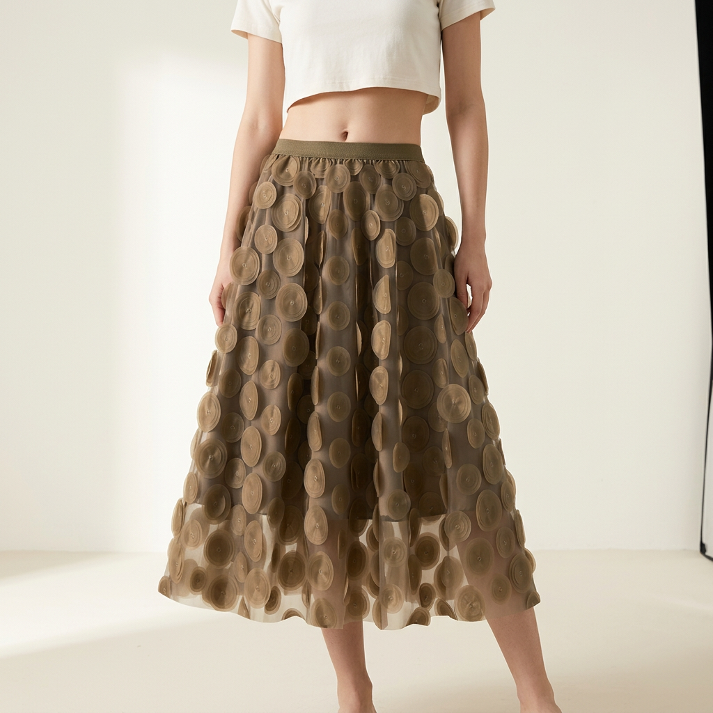 Polka Dot Hepburn Style Umbrella Mesh Skirt - 0931_DARK CHOCOLATE