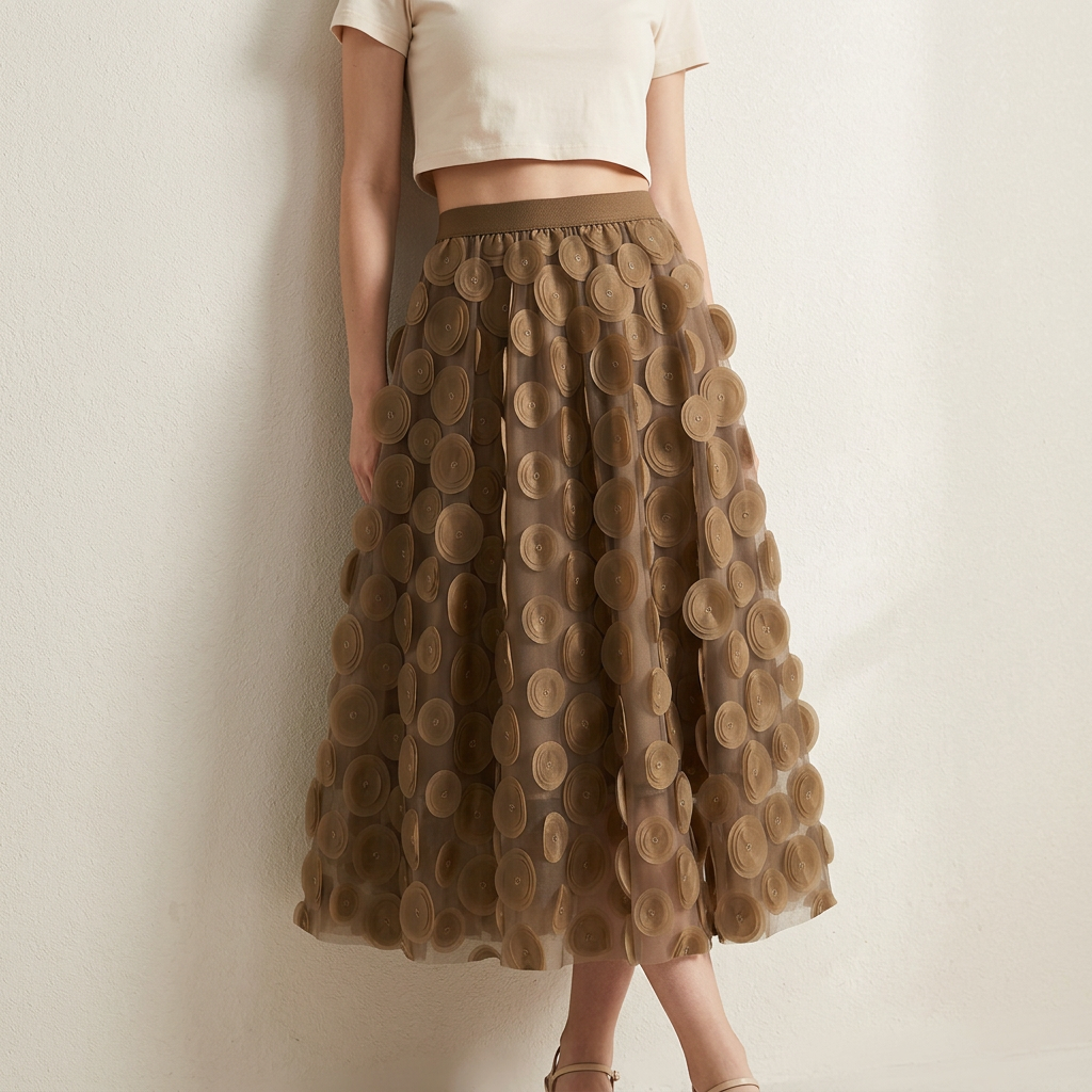 Polka Dot Hepburn Style Umbrella Mesh Skirt - 0931_DARK CHOCOLATE