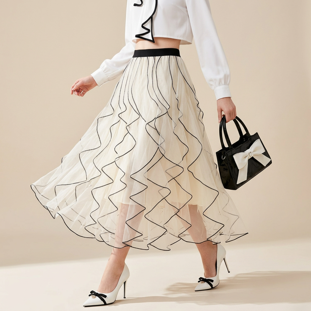 Ruffled Wavy Mesh A-Line Skirt - 0961_APRICOT