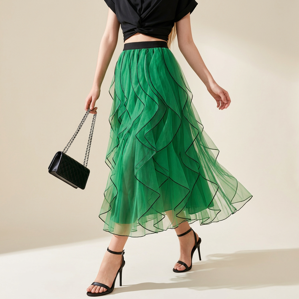 Ruffled Wavy Mesh A-Line Skirt - 0961_GREEN