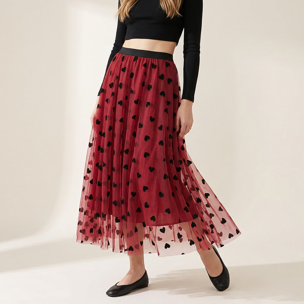 Multilayer Mesh Heart Skirt With Satin Lining - 1200_RED