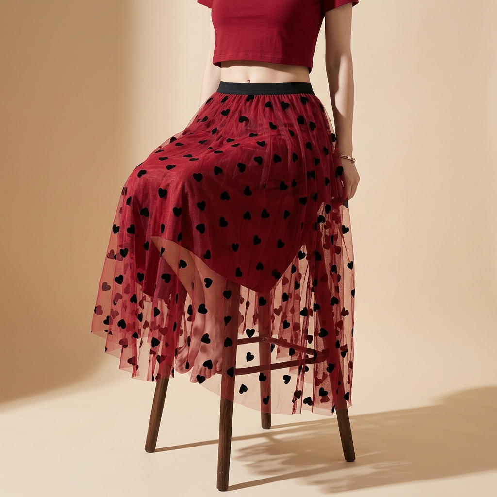 Multilayer Mesh Heart Skirt With Satin Lining - 1200_RED