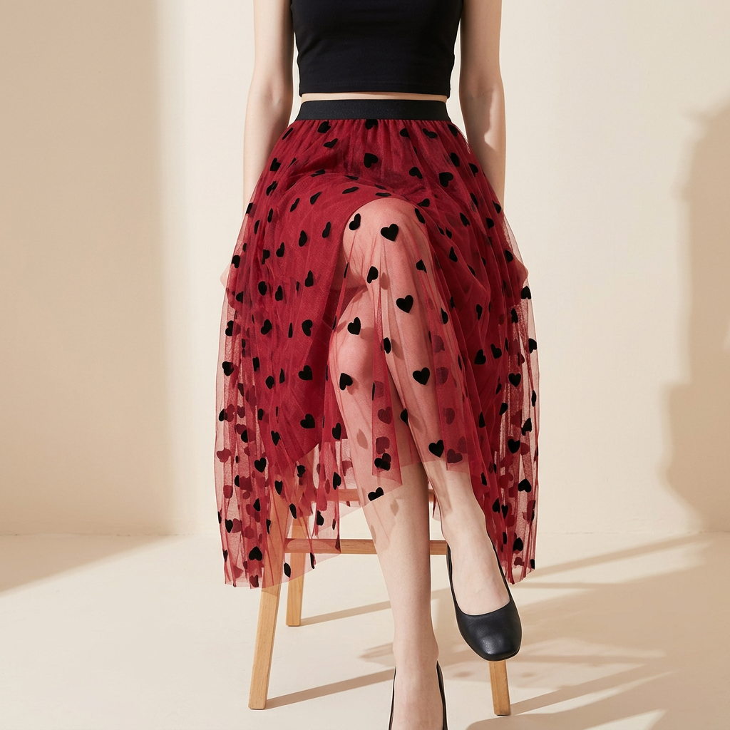 Multilayer Mesh Heart Skirt With Satin Lining - 1200_RED