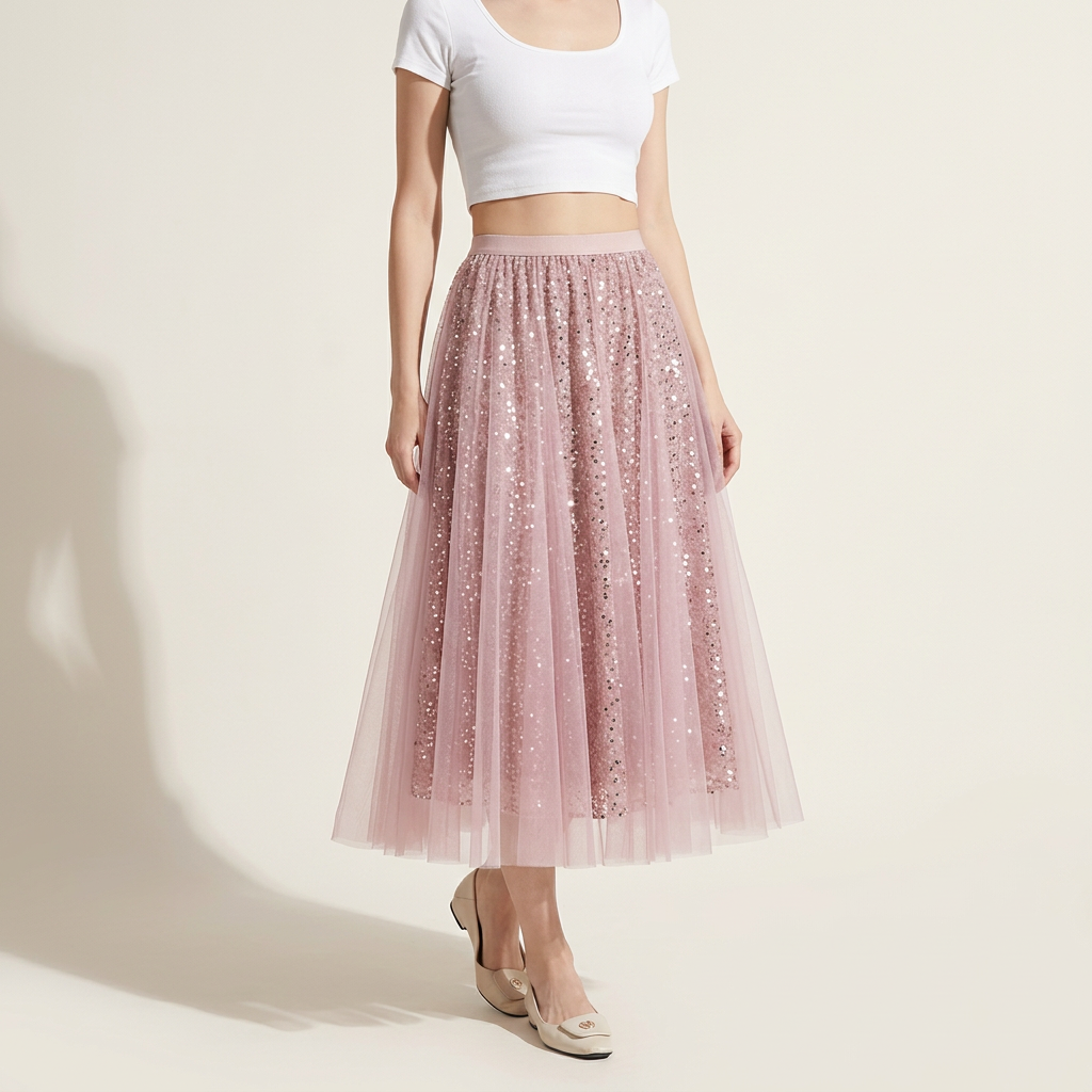 Multilayer Mesh and Sequinned A-Line Skirt with Satin Lining - K503_PINK