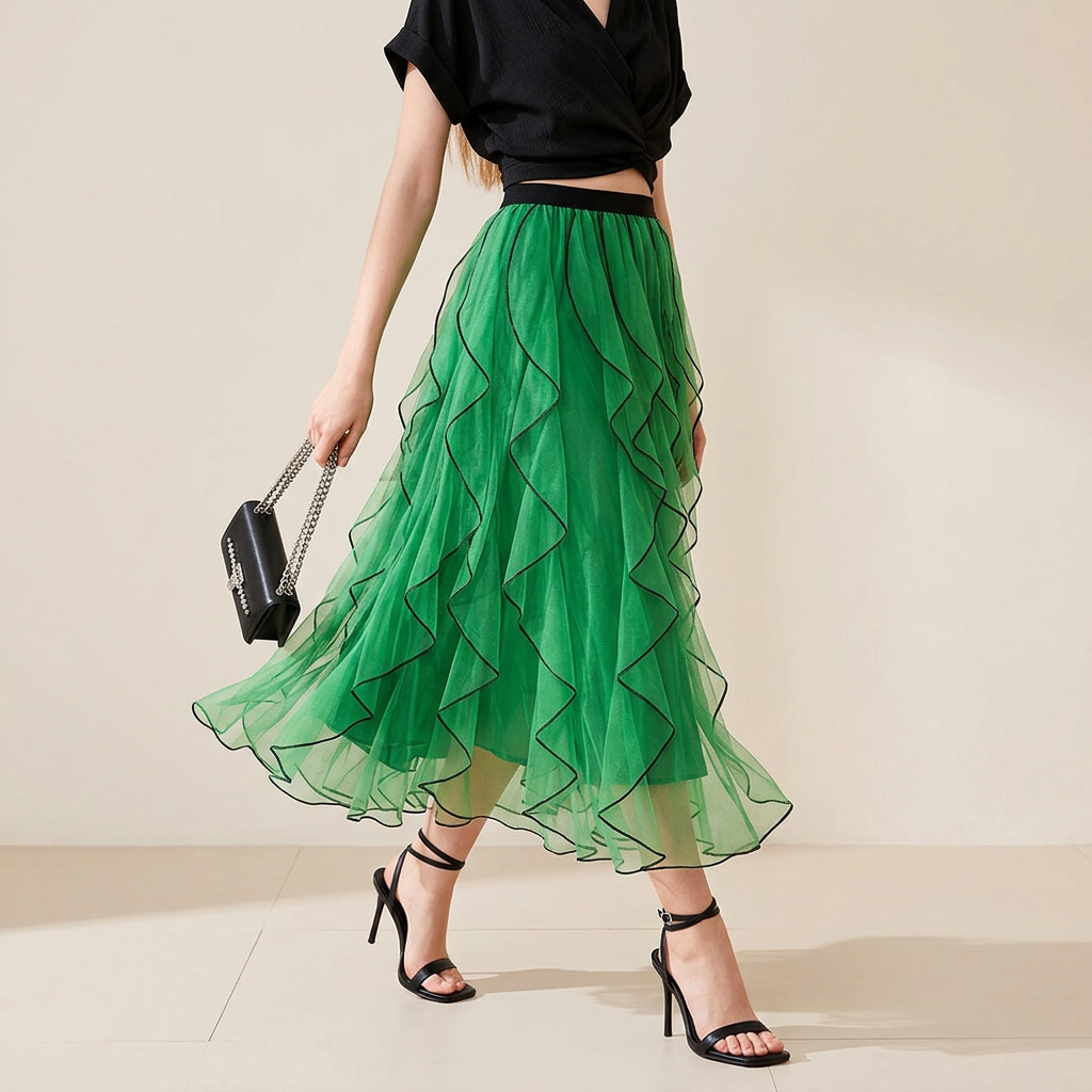 Ruffled Wavy Mesh A-Line Skirt - 0961_GREEN