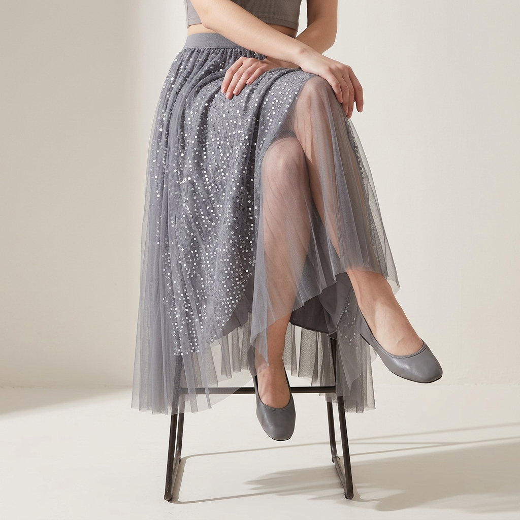 Multilayer Mesh and Sequinned A-Line Skirt with Satin Lining - K503_GREY