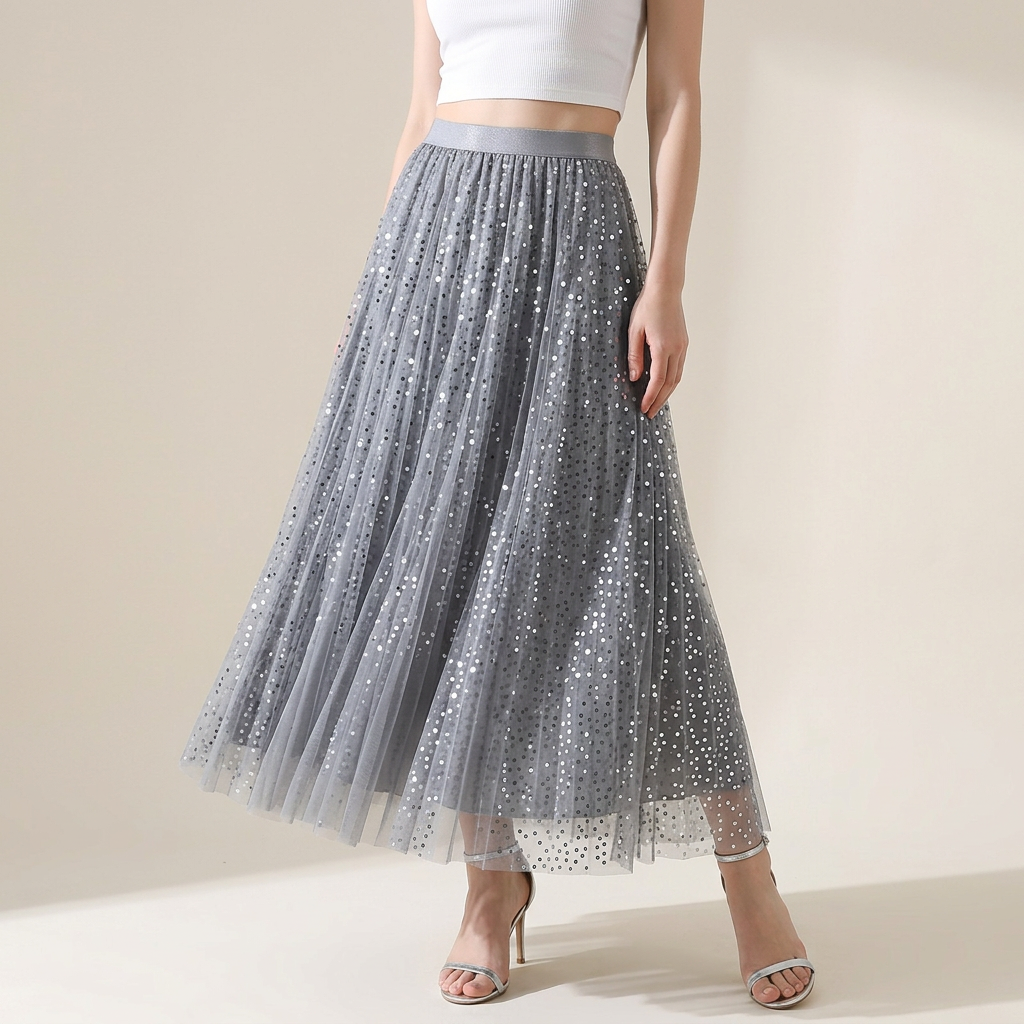 Multilayer Mesh and Sequinned A-Line Skirt with Satin Lining - K503_GREY