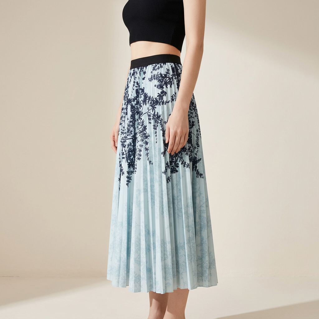 Chiffon Printed A Line Skirt - 2125_FLR_BLU