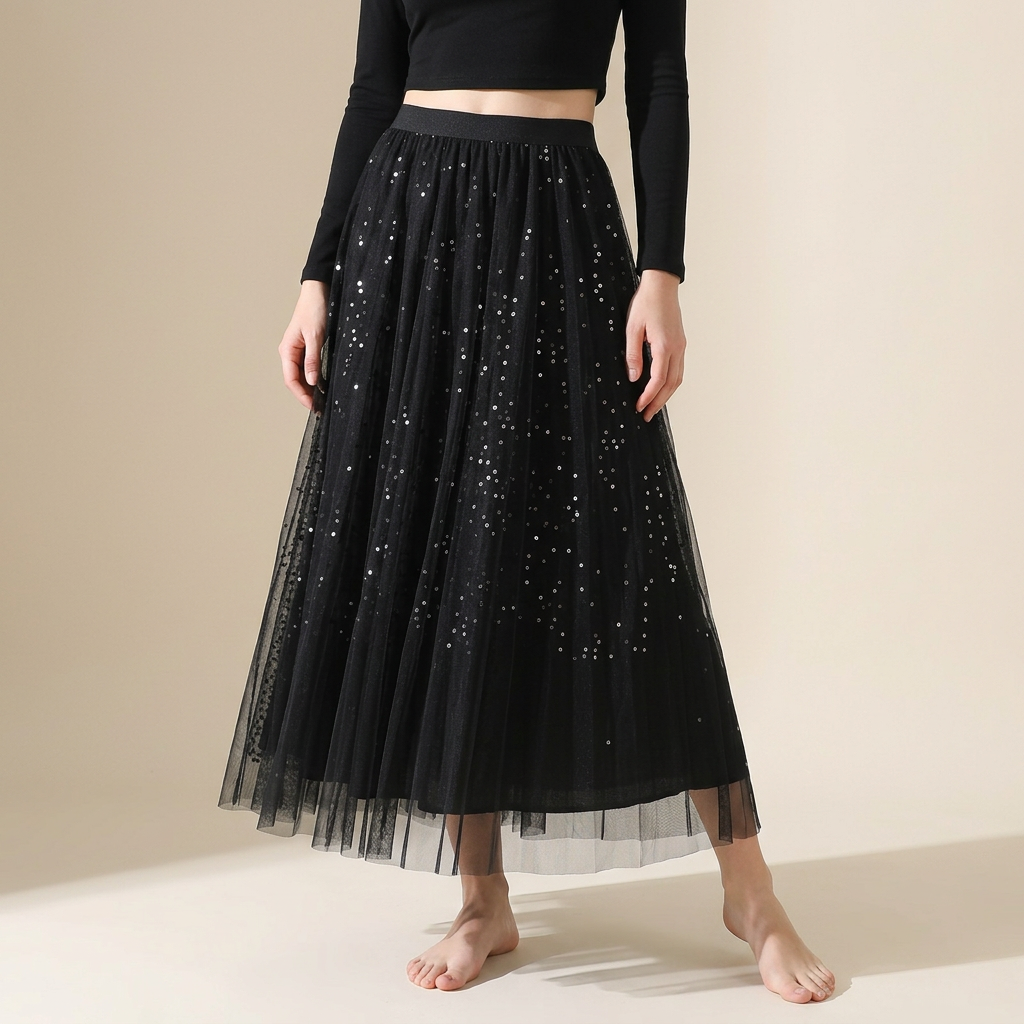 Multilayer Mesh and Sequinned A-Line Skirt with Satin Lining - K503_BLACK