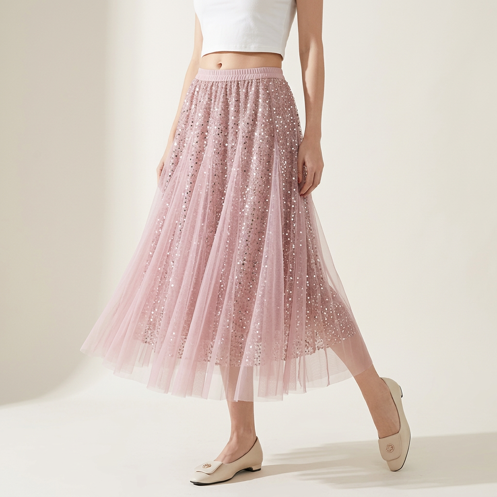 Multilayer Mesh and Sequinned A-Line Skirt with Satin Lining - K503_PINK