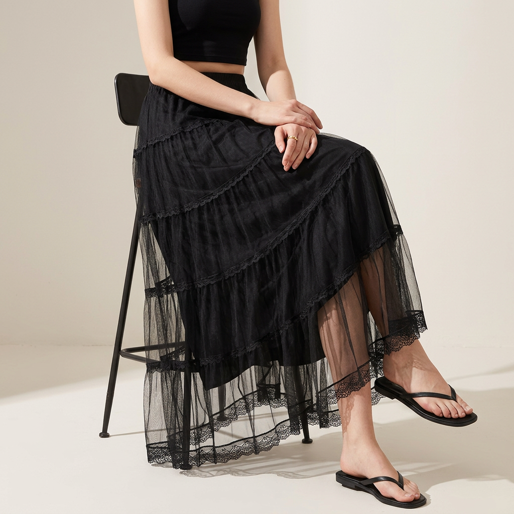 Multi Layer Mesh And Lace Skirt with Satin Lining - 2113_BLA