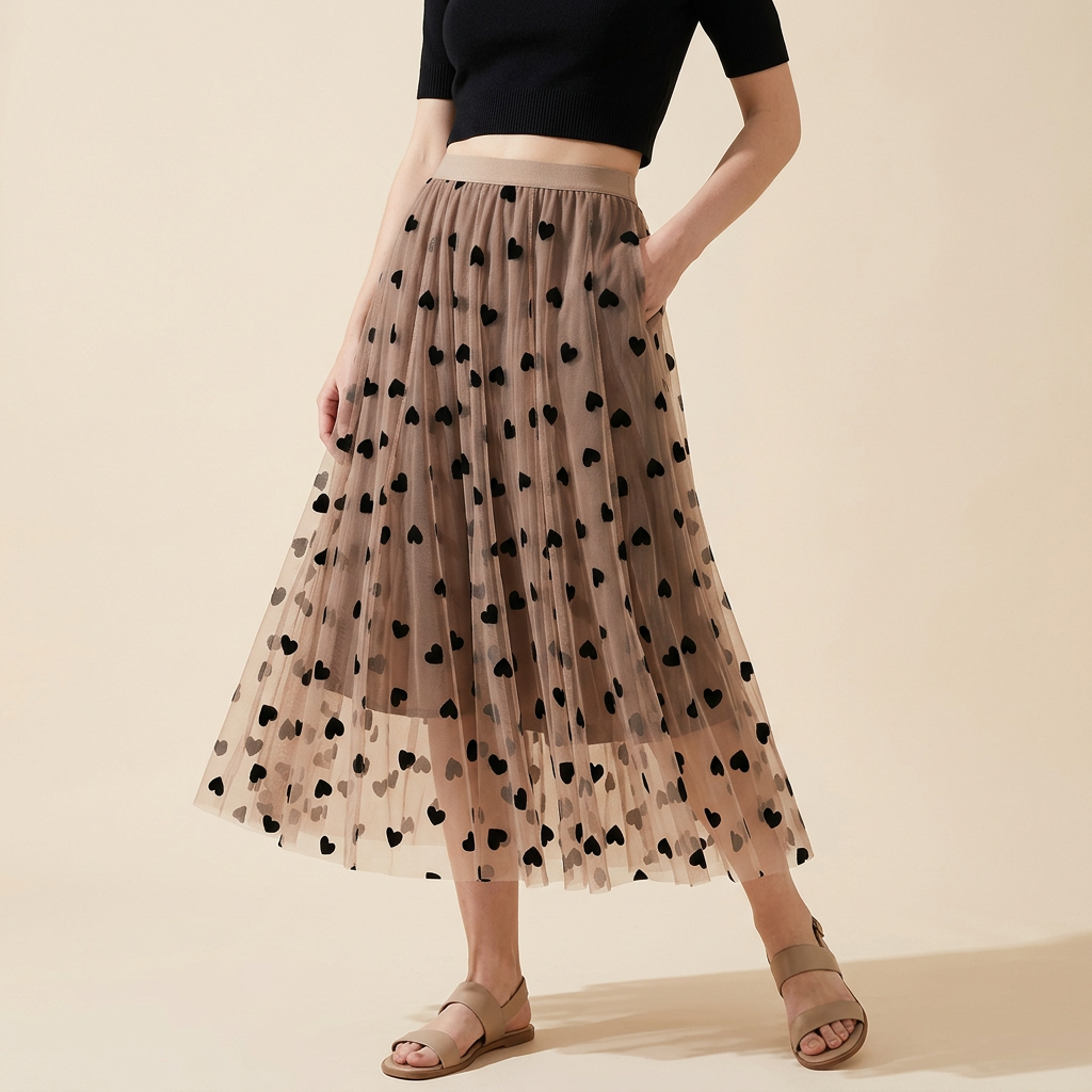 Multilayer Mesh Heart Skirt With Satin Lining - 1200_KHAKI