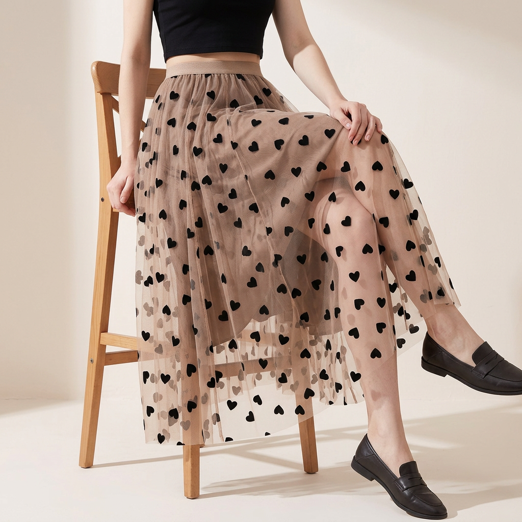 Multilayer Mesh Heart Skirt With Satin Lining - 1200_KHAKI