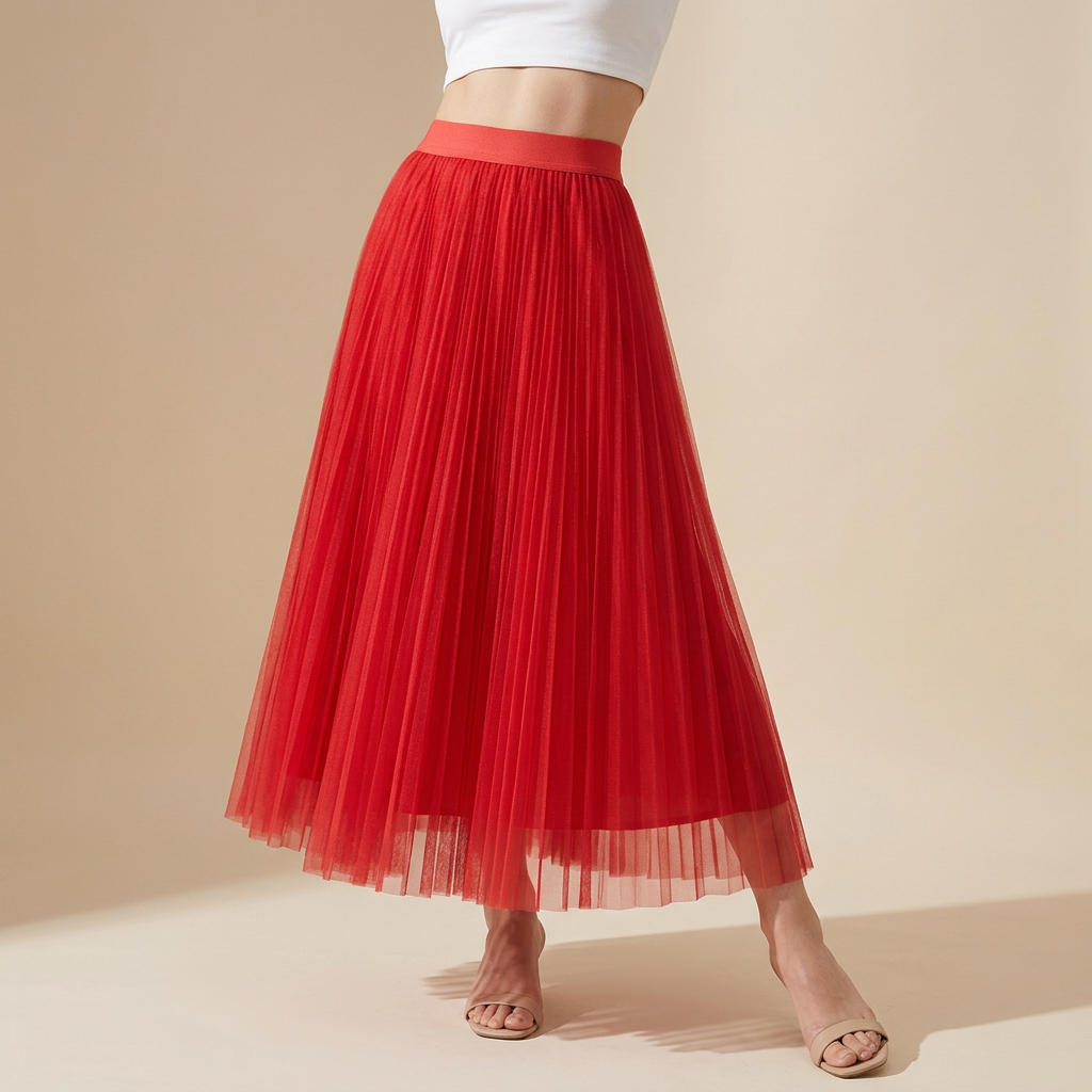 Sheer Layered Flare Skirt - RED