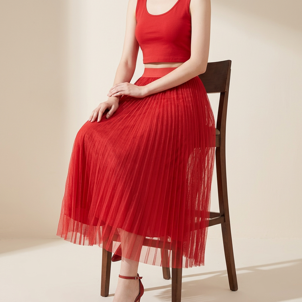 Sheer Layered Flare Skirt - RED