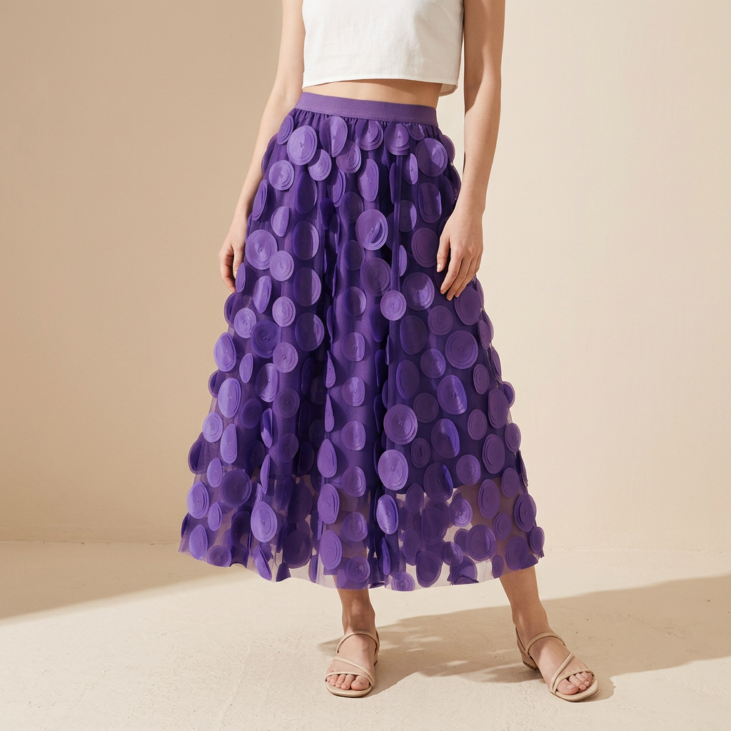 Polka Dot Hepburn Style Umbrella Mesh Skirt - 0931_PURPLE