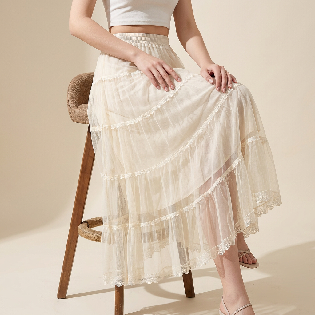 Multi Layer Mesh And Lace Skirt with Satin Lining - 2113_APR