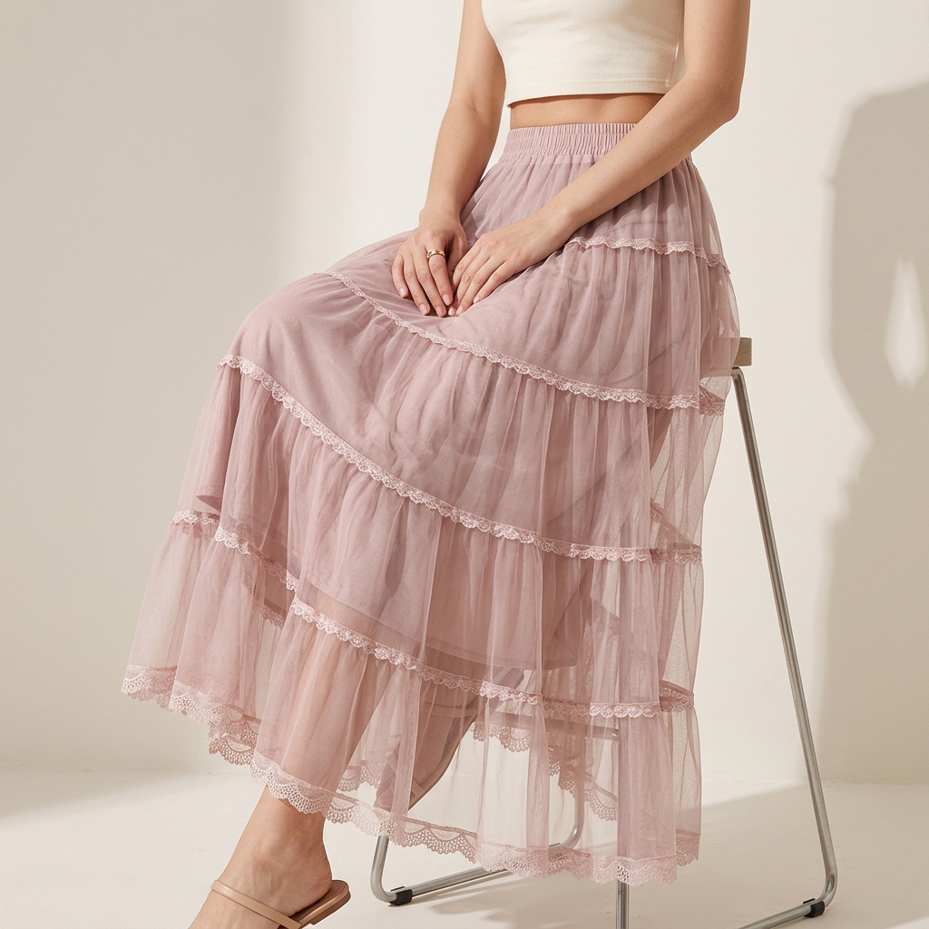 Multi Layer Mesh And Lace Skirt with Satin Lining - 2113_PIN