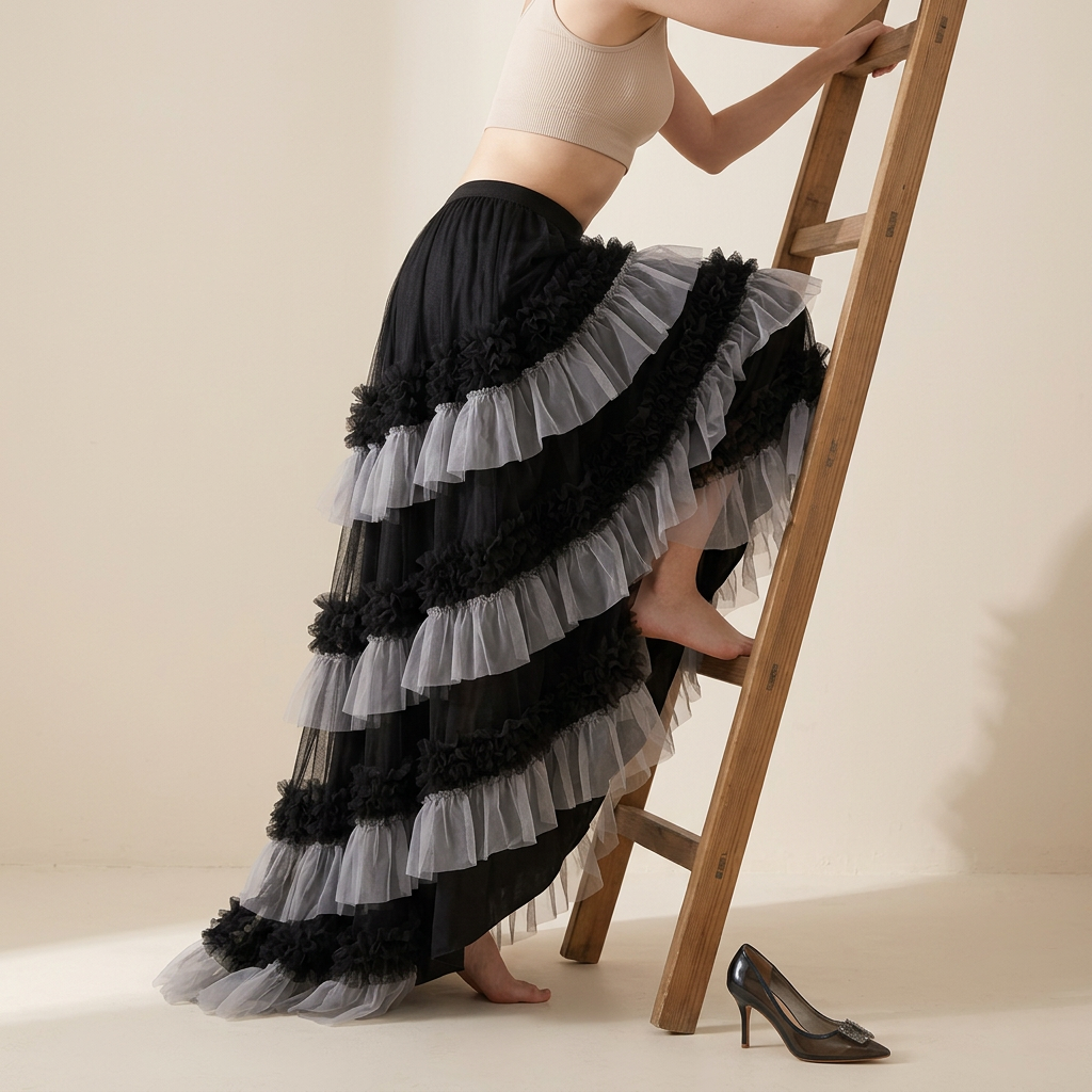 Ruffled Mesh Gauze Skirt With Satin Lining- 1391_BLA