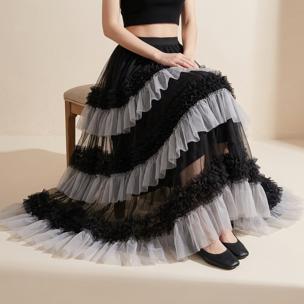 Ruffled Mesh Gauze Skirt With Satin Lining- 1391_BLA