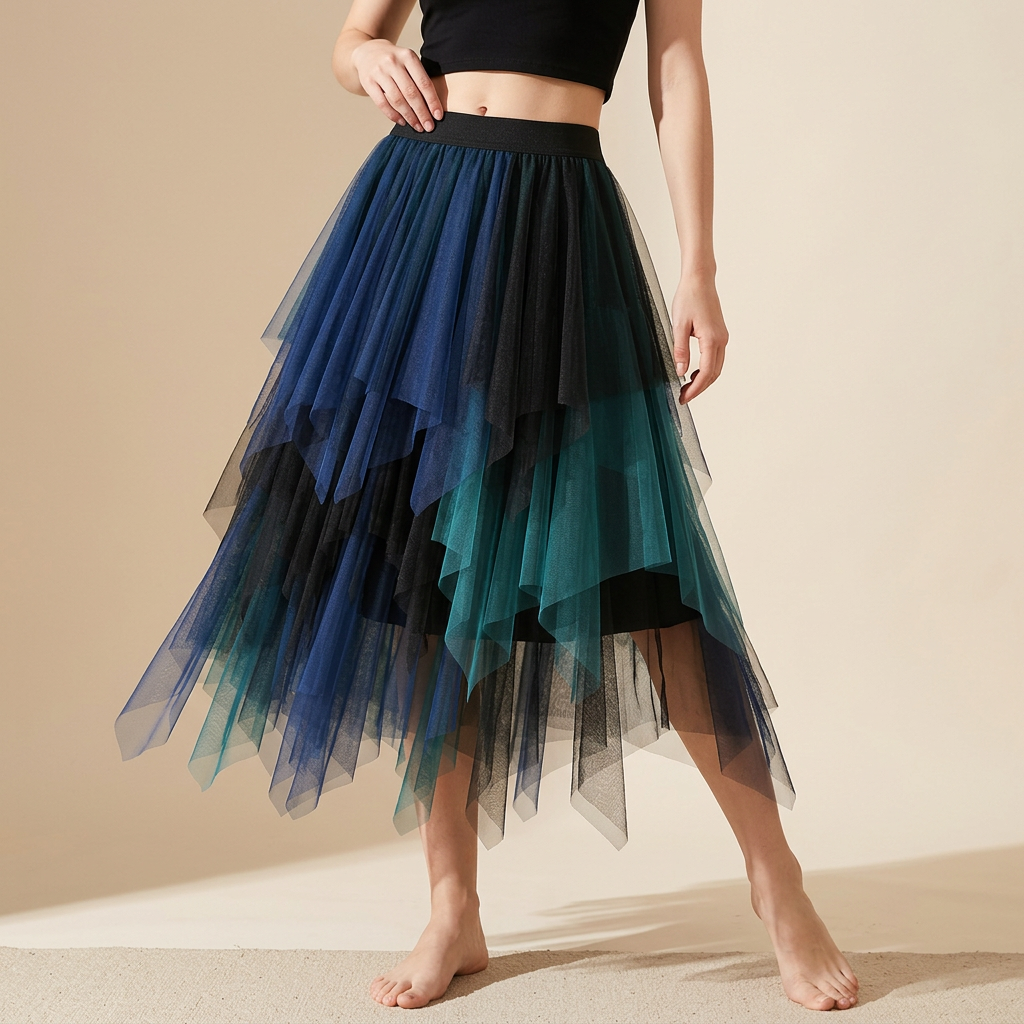 Multilayer Irregular Three Color Mesh Skirt - 8063_GREEN AND BLUE