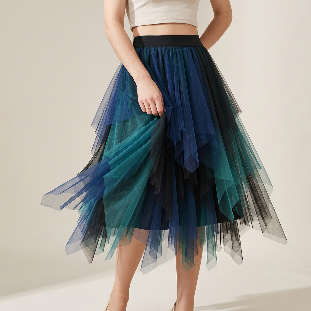 Multilayer Irregular Three Color Mesh Skirt - 8063_GREEN AND BLUE