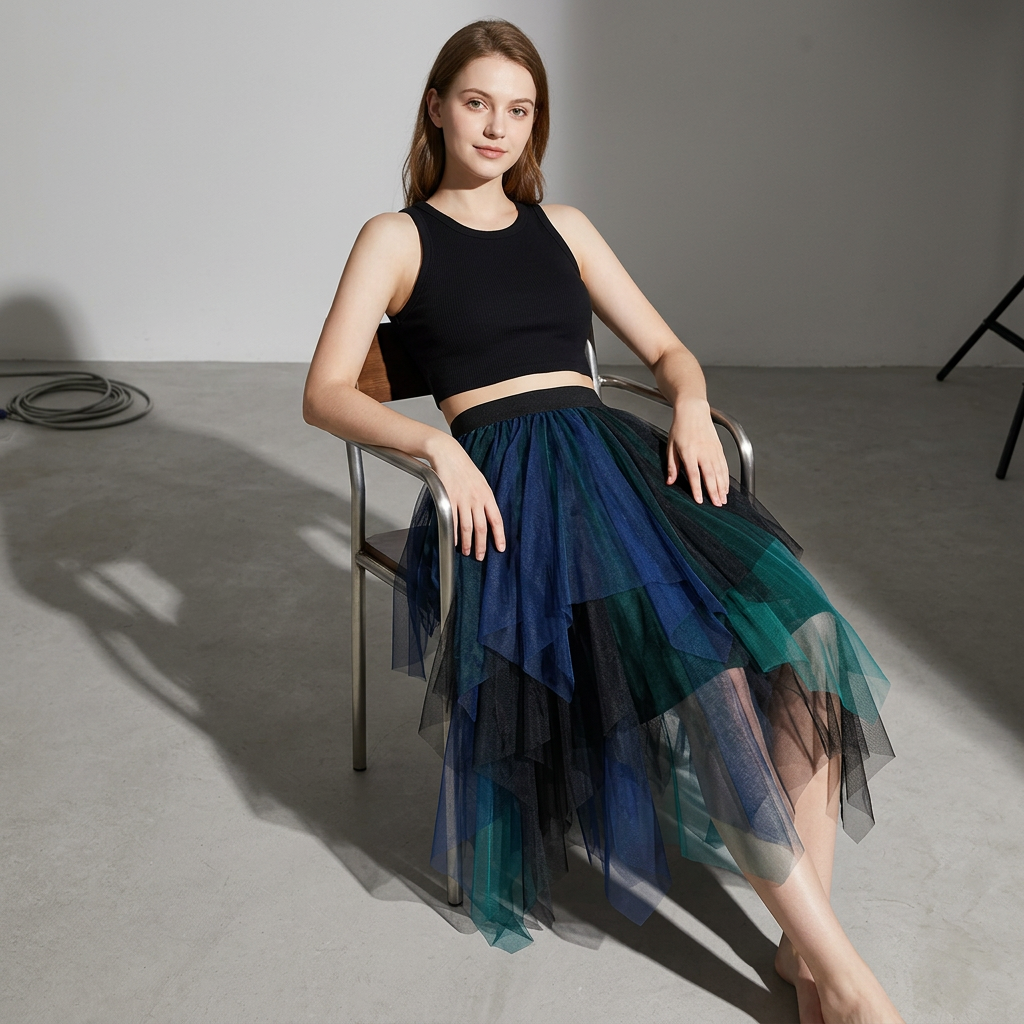 Multilayer Irregular Three Color Mesh Skirt - 8063_GREEN AND BLUE