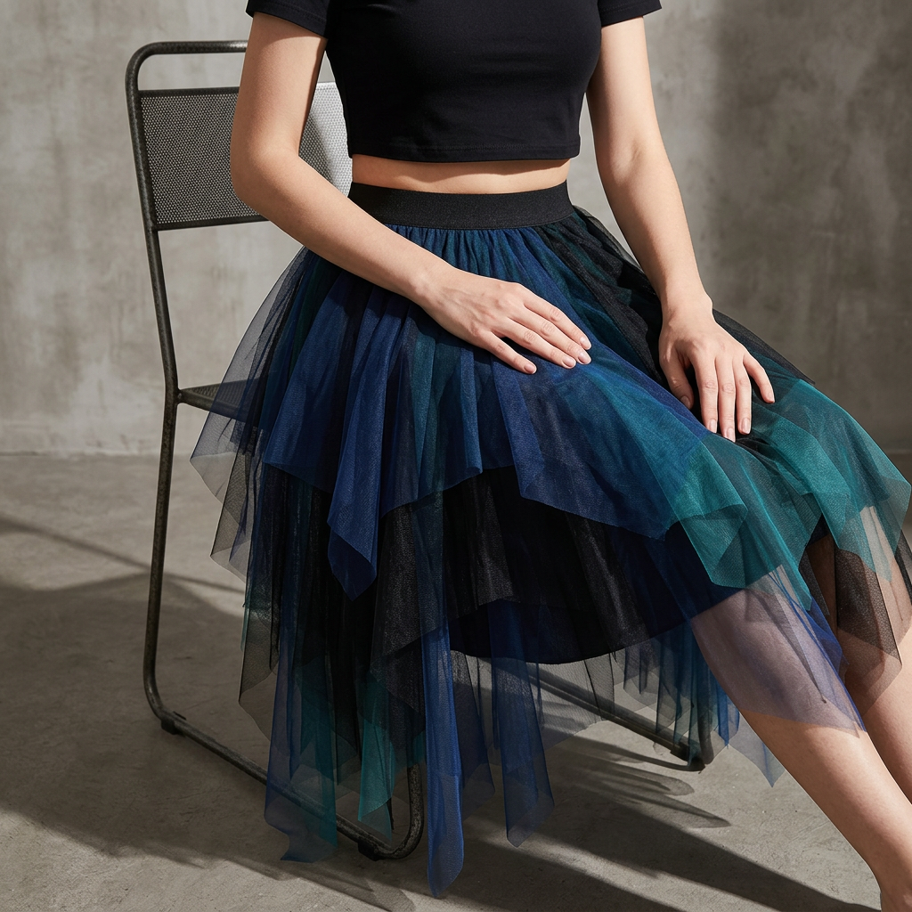 Multilayer Irregular Three Color Mesh Skirt - 8063_GREEN AND BLUE