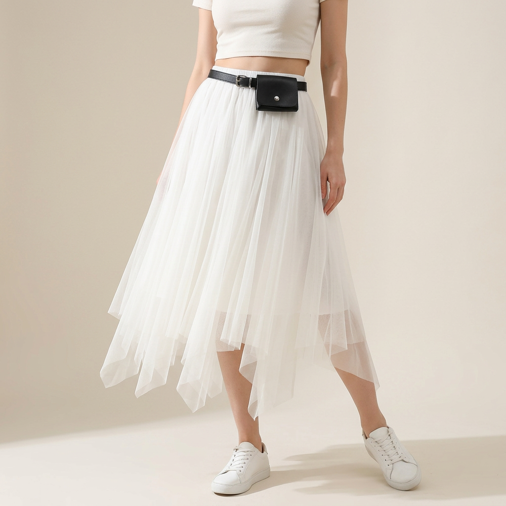 Irregular Mesh Skirt With Belt - 8808_APRICOT
