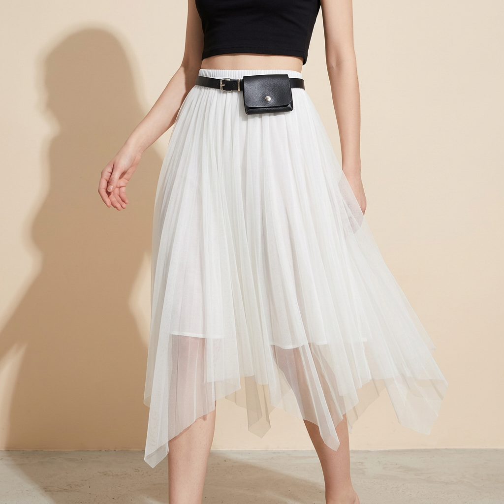 Irregular Mesh Skirt With Belt - 8808_APRICOT