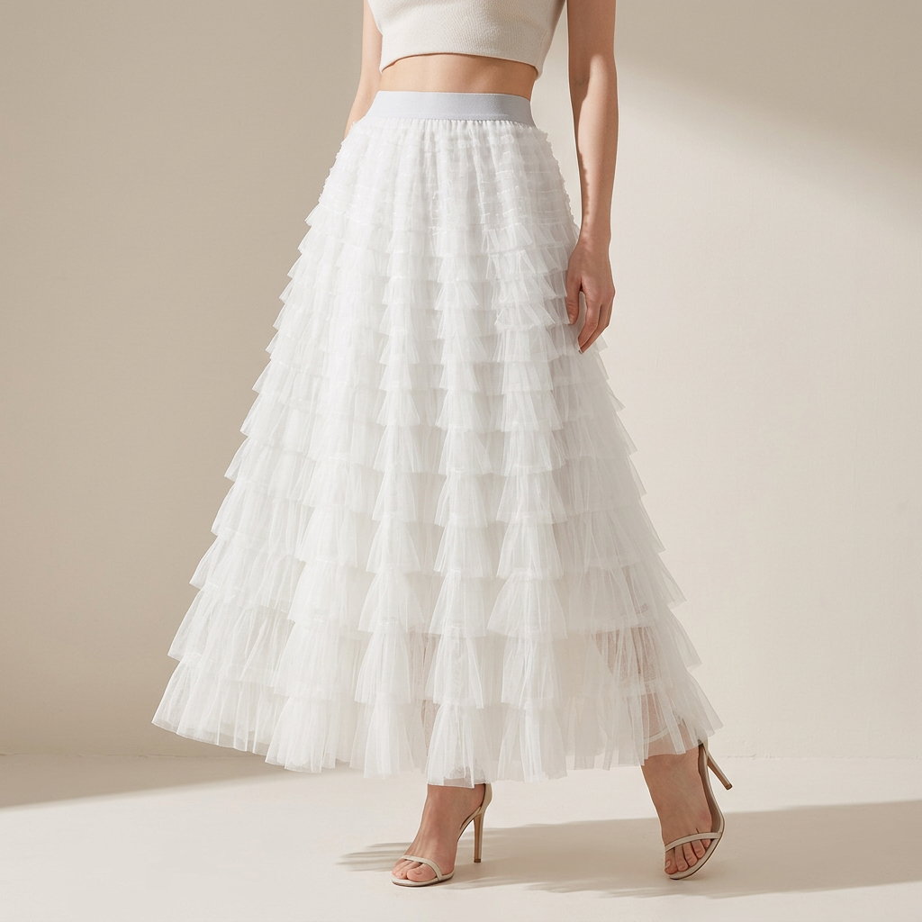 Heavy Mesh Gauze Multilayer Long Skirt With Satin Lining - 2210_WHITE