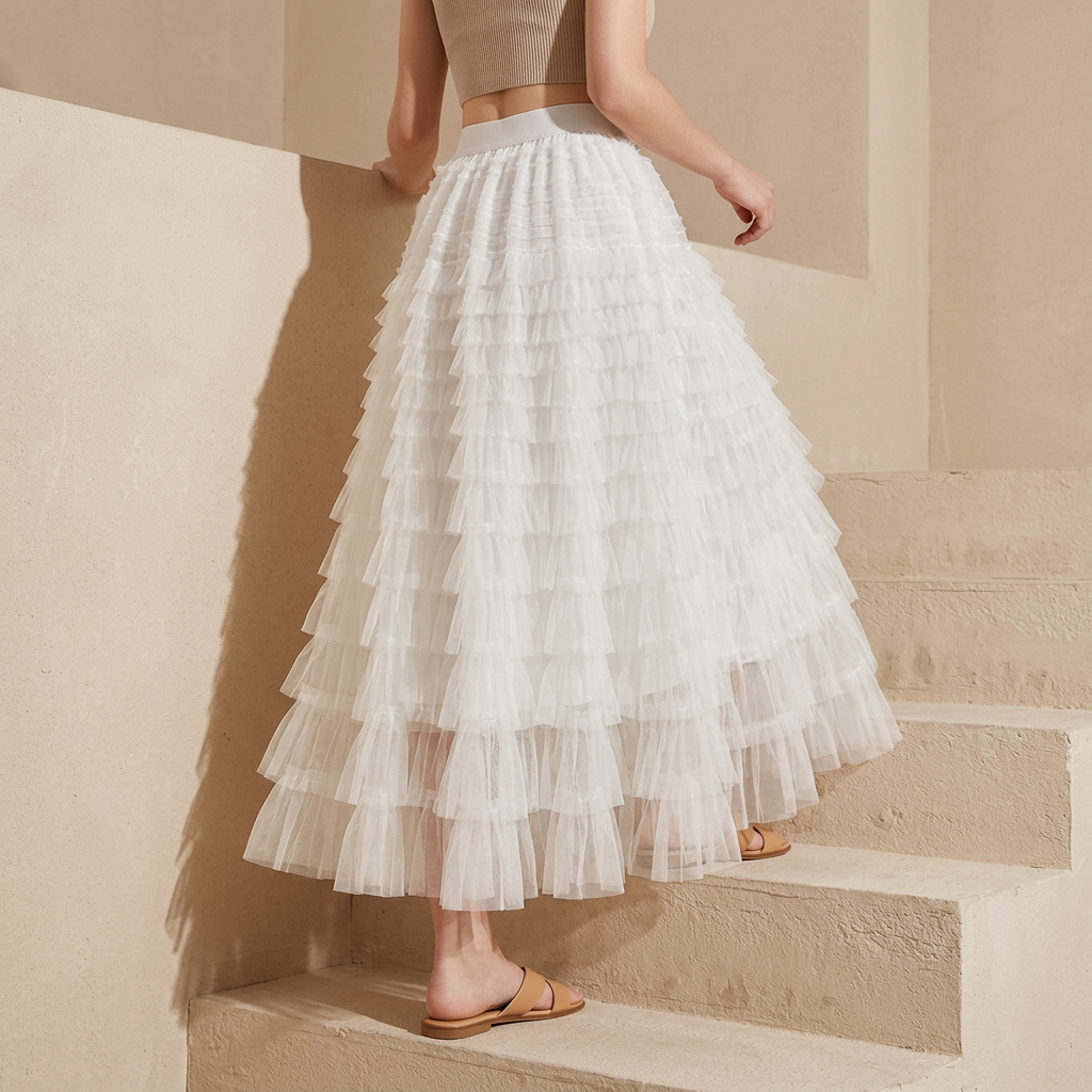 Heavy Mesh Gauze Multilayer Long Skirt With Satin Lining - 2210_WHITE