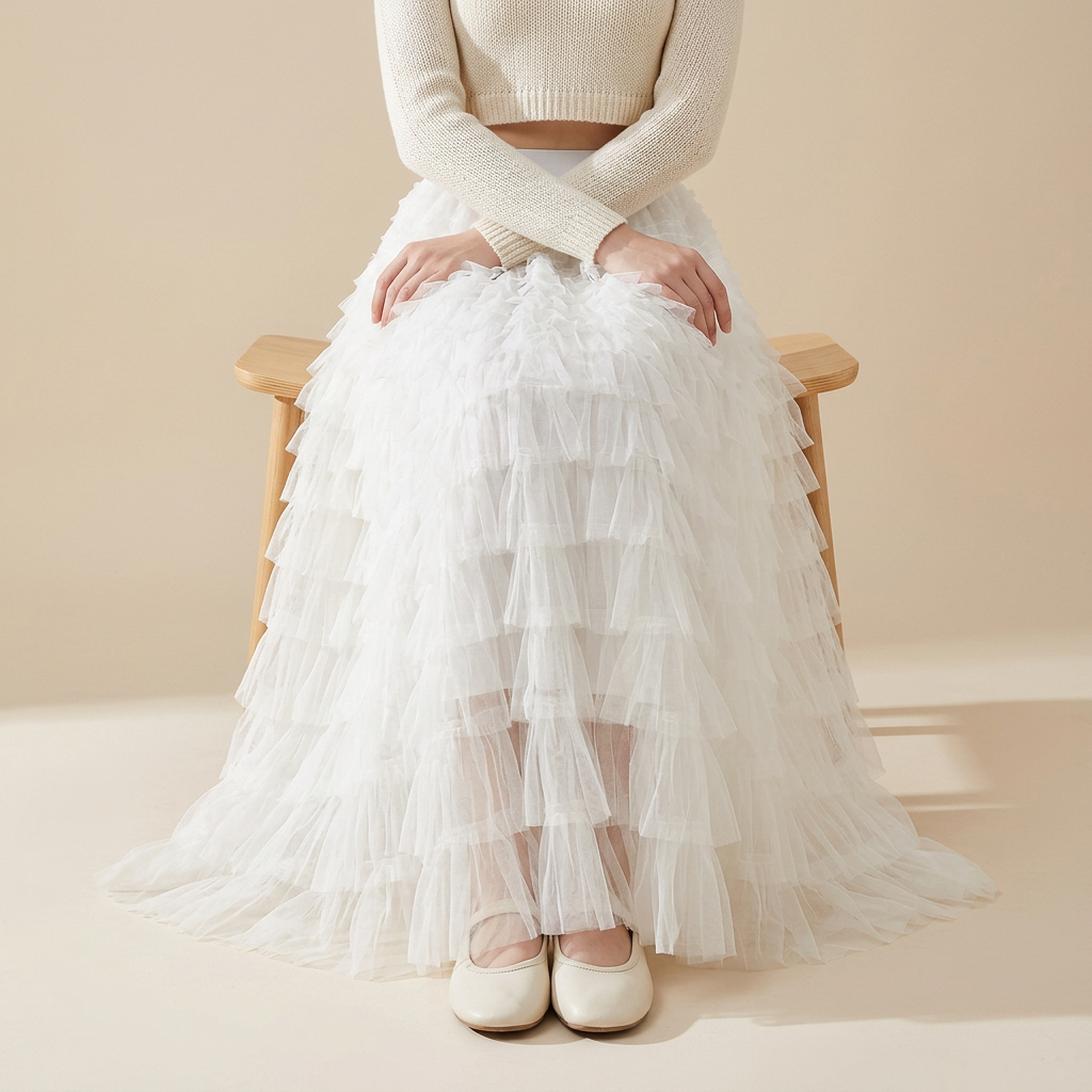 Heavy Mesh Gauze Multilayer Long Skirt With Satin Lining - 2210_WHITE