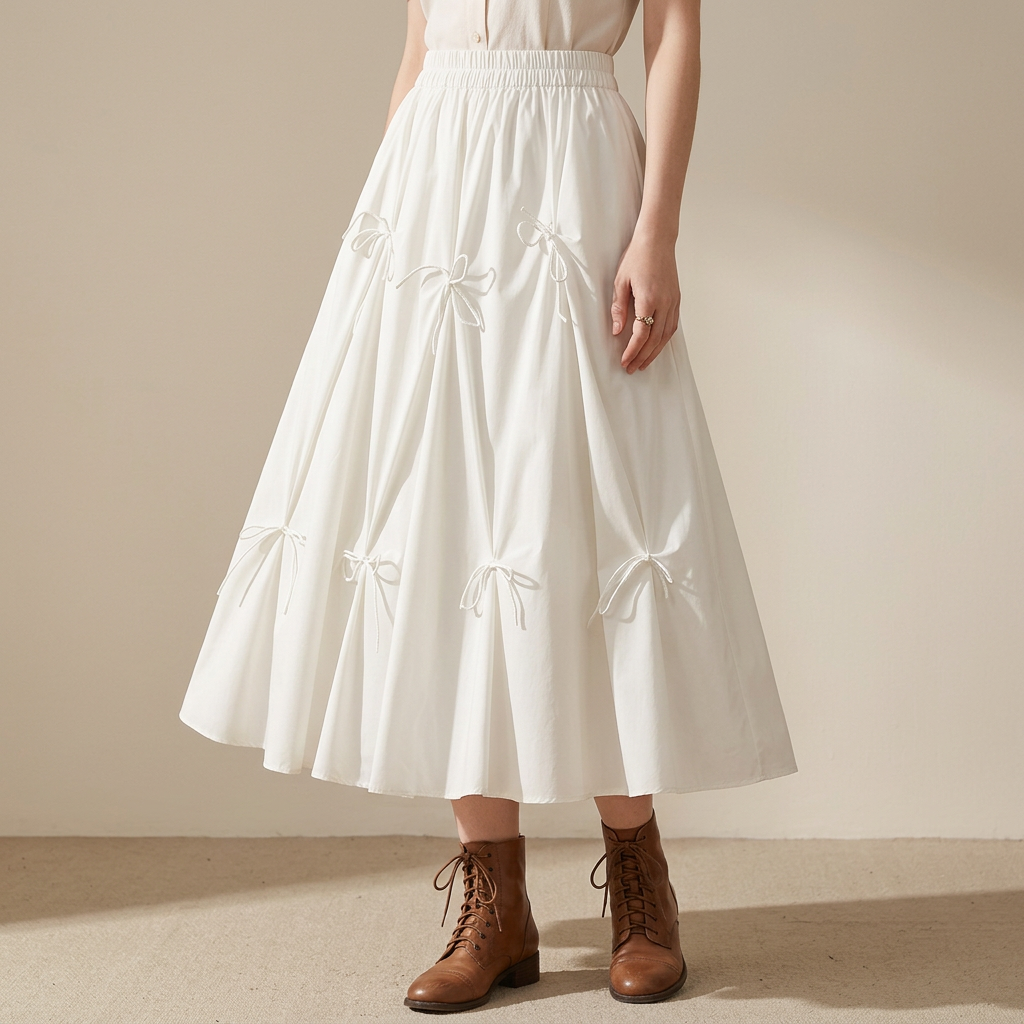 Ivory Grace Bow Skirt with Elegant Ribbon Detailing - 8931_WHITE
