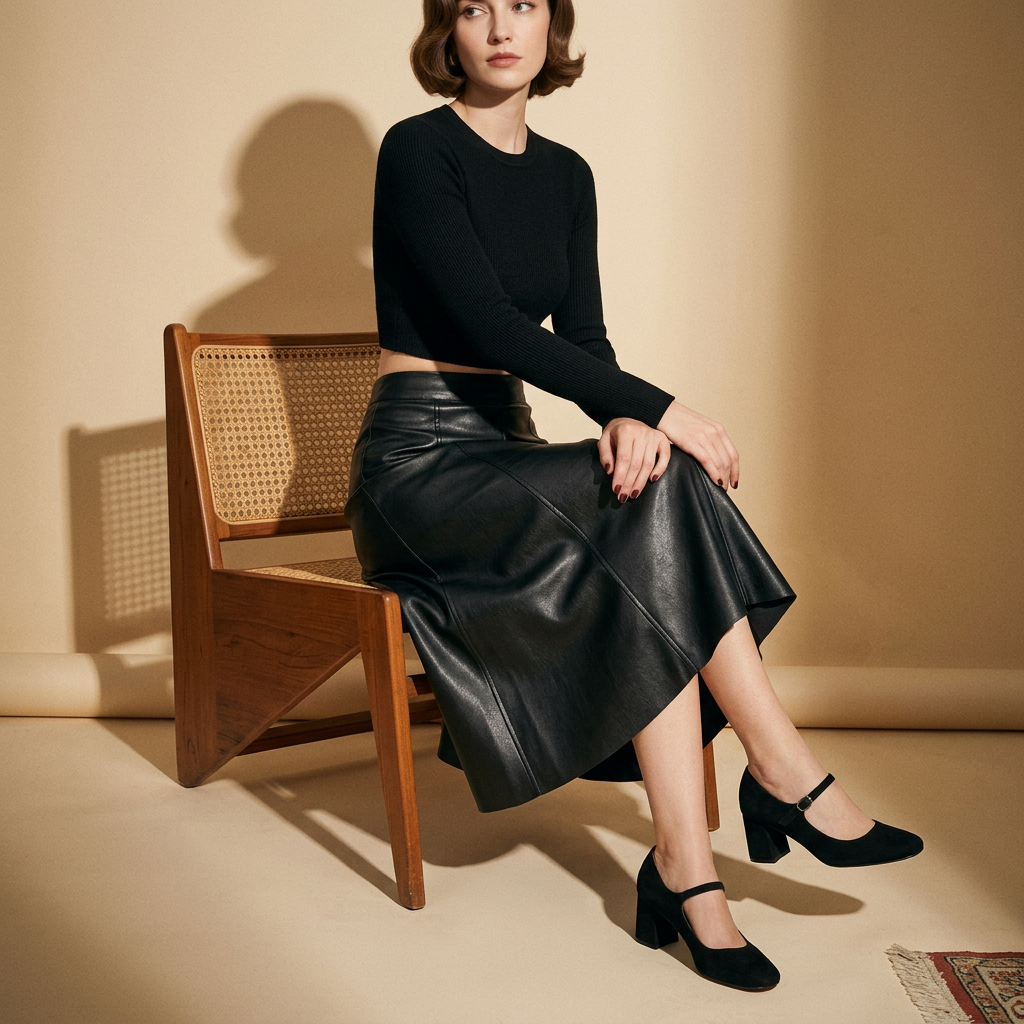 A-Line PU Leather Brown Umbrella Skirt - Q801_BLACK