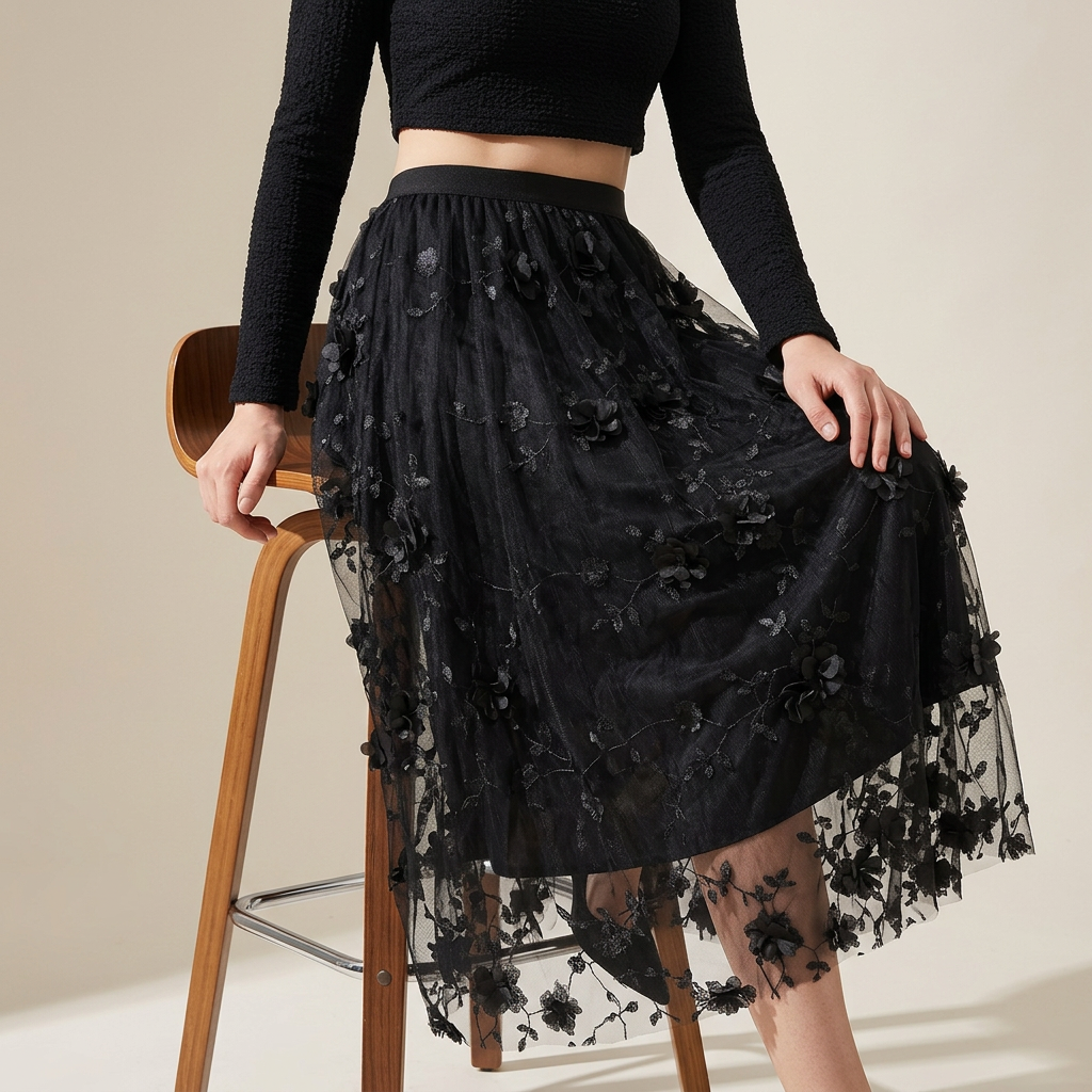 Flower Embellished and Embroidered Mesh A-Line Skirt With Satin Lining - 8692_BLACK