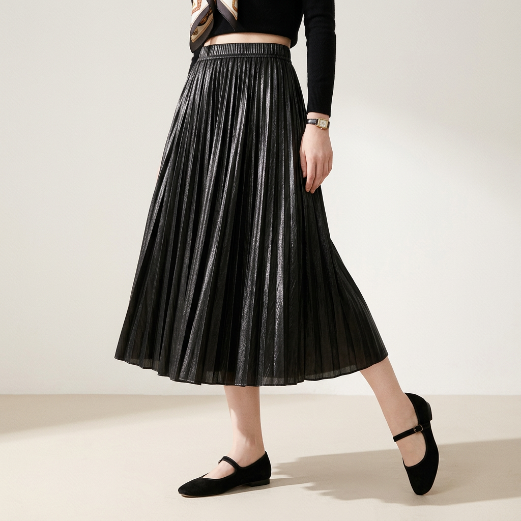 Metallic Color Accordion Pleats Party Wear Skirt - 0317_BLACK