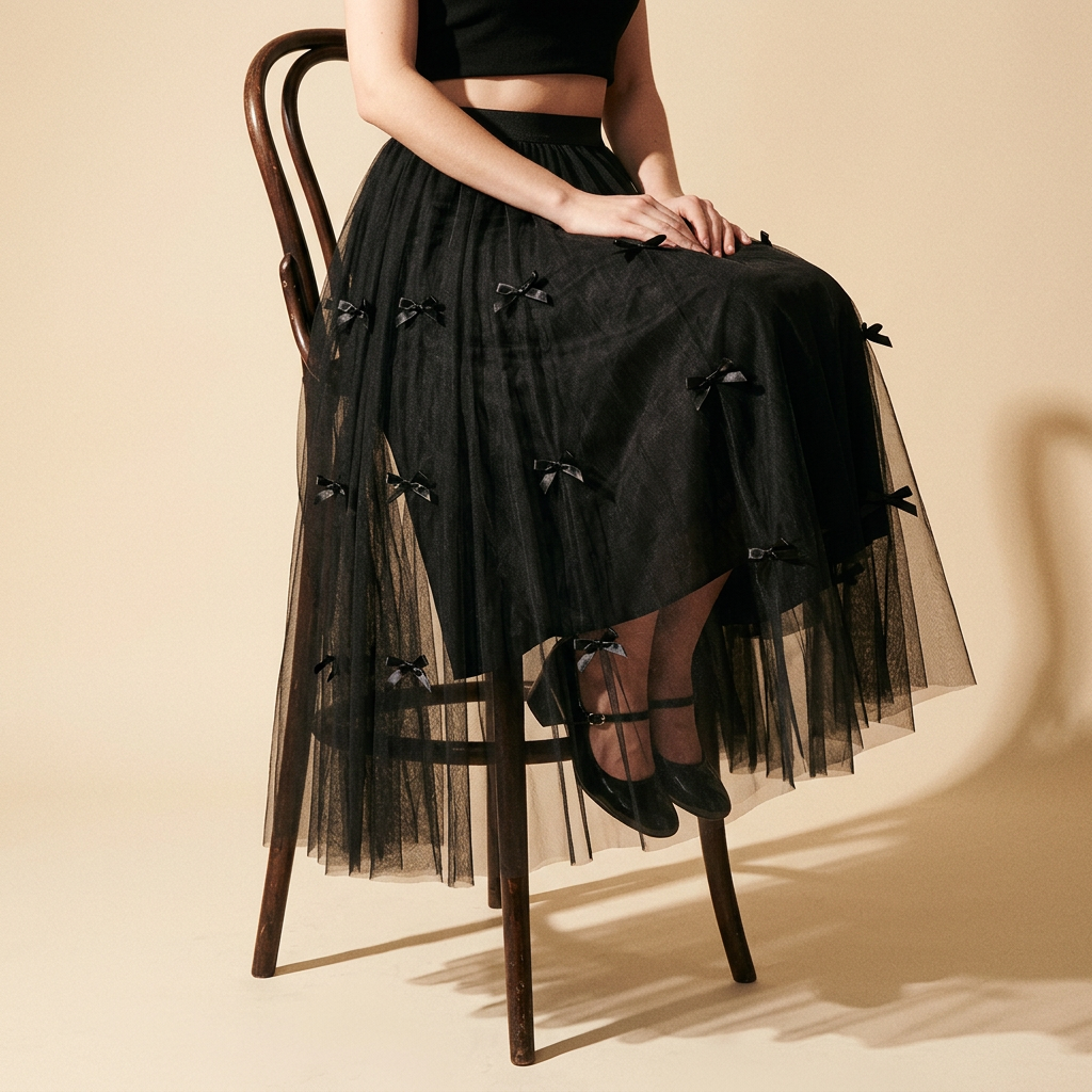 Mesh Gauze Japanese Style A Line Bow Skirt - 0883_BLACK