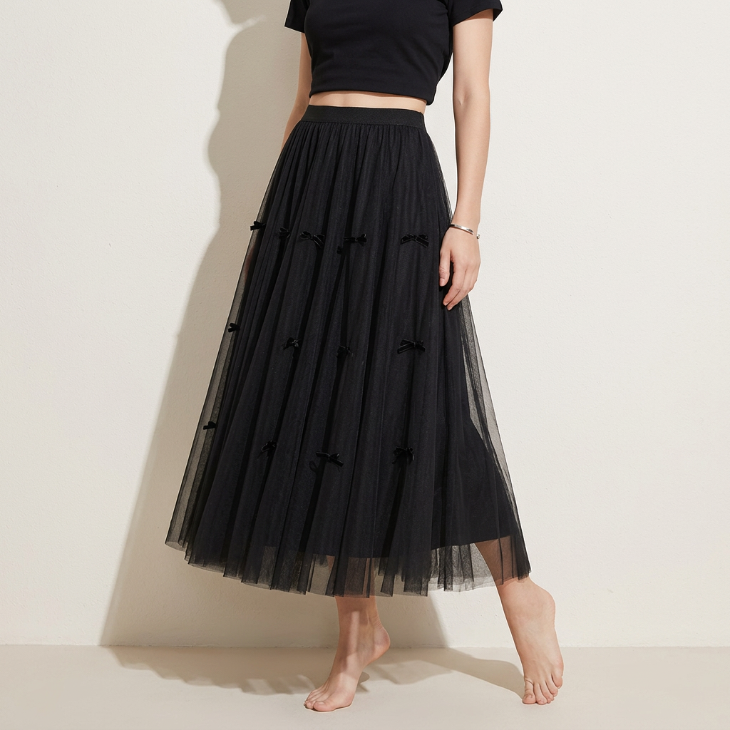 Mesh Gauze Japanese Style A Line Bow Skirt - 0883_BLACK