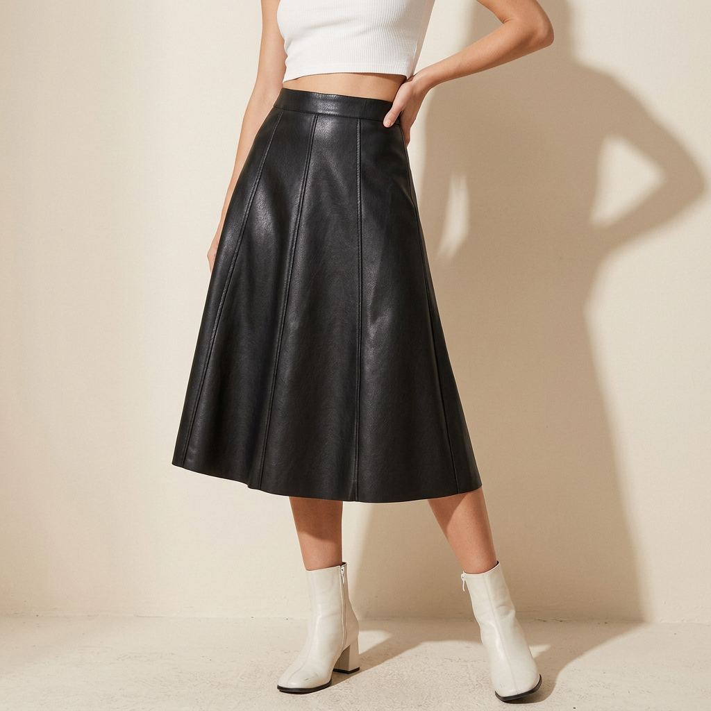 A-Line PU Leather Brown Umbrella Skirt - Q801_BLACK