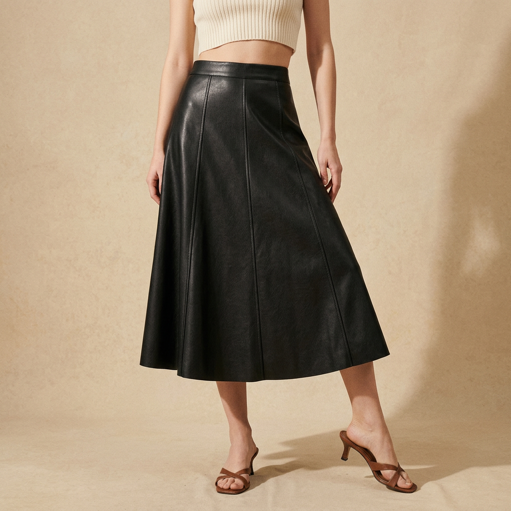 A-Line PU Leather Brown Umbrella Skirt - Q801_BLACK