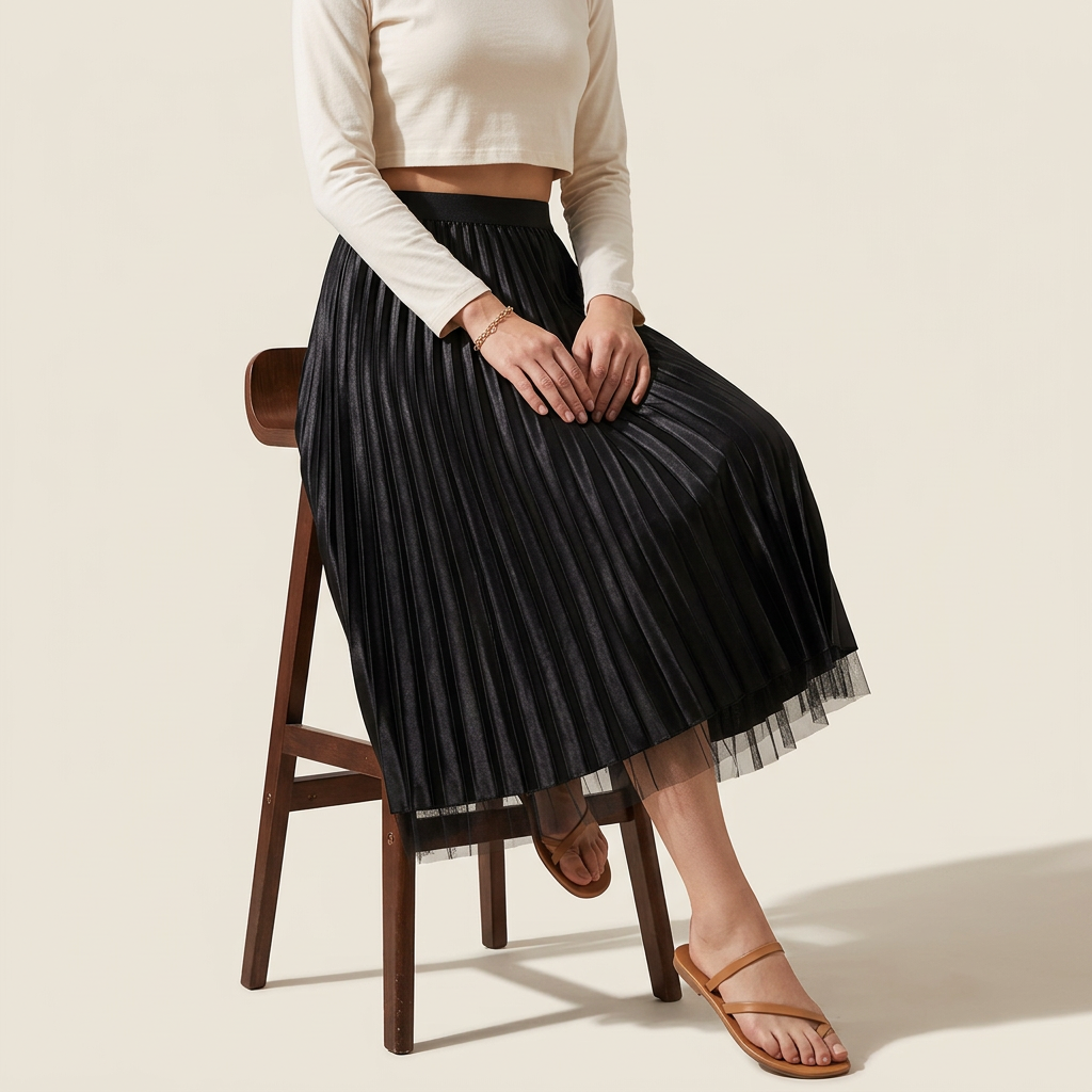 Velvet And Mesh Multilayer Pleated Skirt - 3319_BLACK