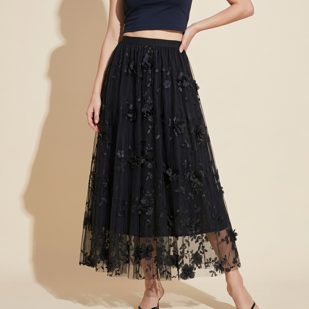 Flower Embellished and Embroidered Mesh A-Line Skirt With Satin Lining - 8692_BLACK