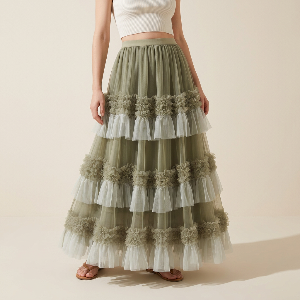 Ruffled Mesh Gauze Skirt With Satin Lining- 1391_GRE