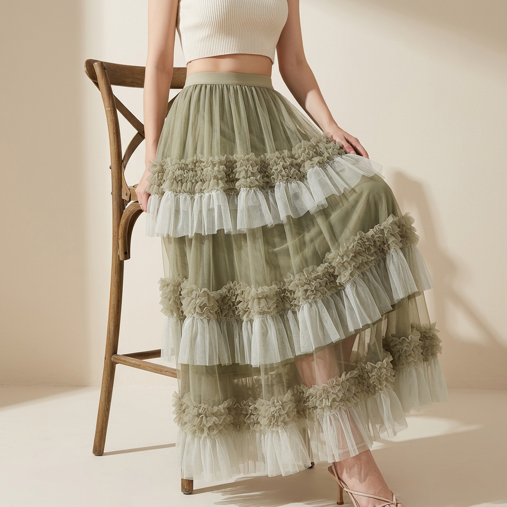 Ruffled Mesh Gauze Skirt With Satin Lining- 1391_GRE