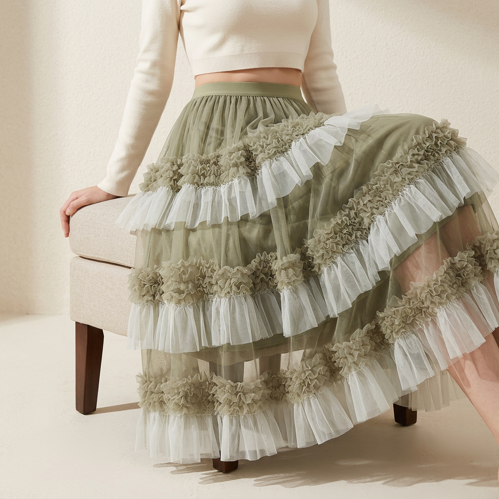 Ruffled Mesh Gauze Skirt With Satin Lining- 1391_GRE